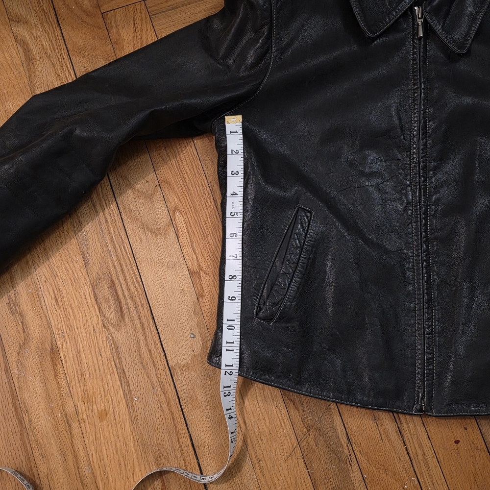 Vintage Black Leather Women's Moto Jacket-Y2K Classic Collar Metal Zips Grunge - Picture 13 of 14